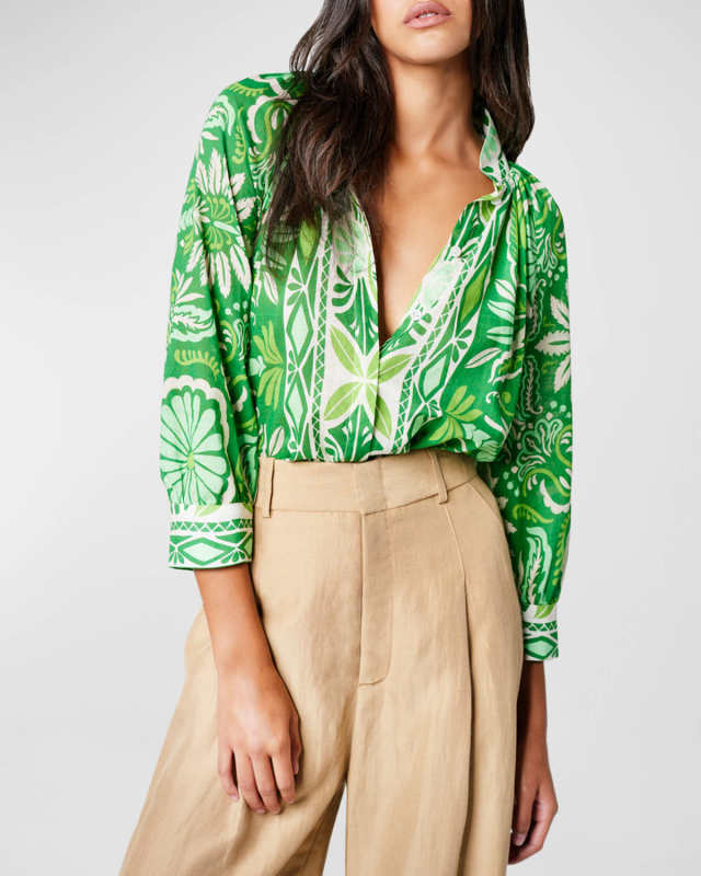 Gathered Band-Collar 3/4-Sleeve Blous